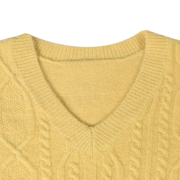 Design Cable Knit V-Neck Cropped Sweater Yellow - 14