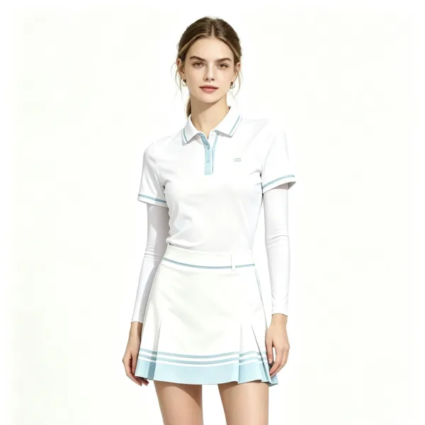 Design White Tennis Polo and Pleated Skirt Set with Gold Trim - 8