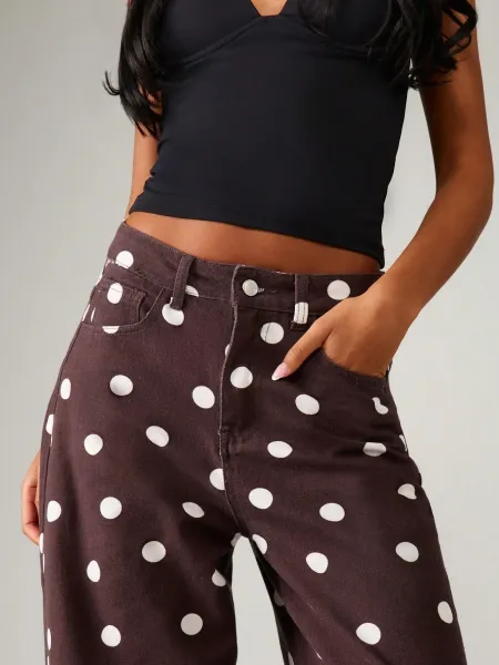 Design Polka Dot Wide-Leg Trousers Brown with White Dots Pants - 14