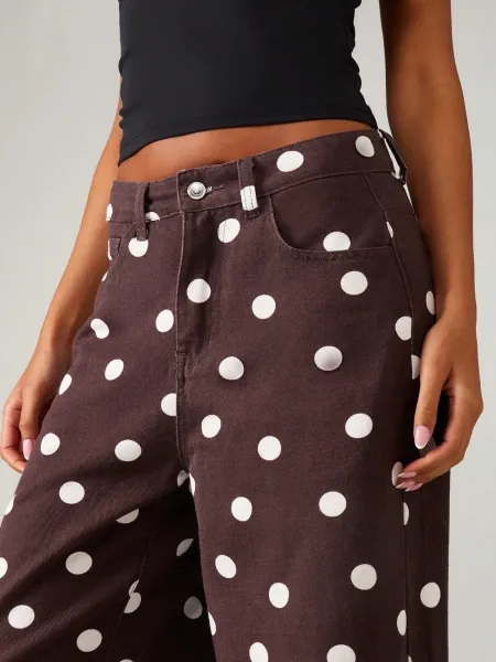 Design Polka Dot Wide-Leg Trousers Brown with White Dots Pants - 15