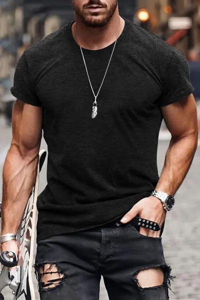 Design Basic Fit Army Green T-Shirt with Ripped Black Jeans - 13