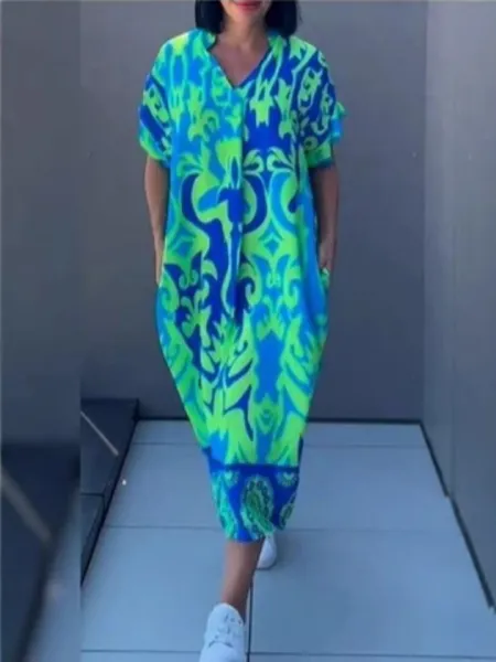 Design Printed V-Neck Midi Dress Blue Pink Multicolor - 3