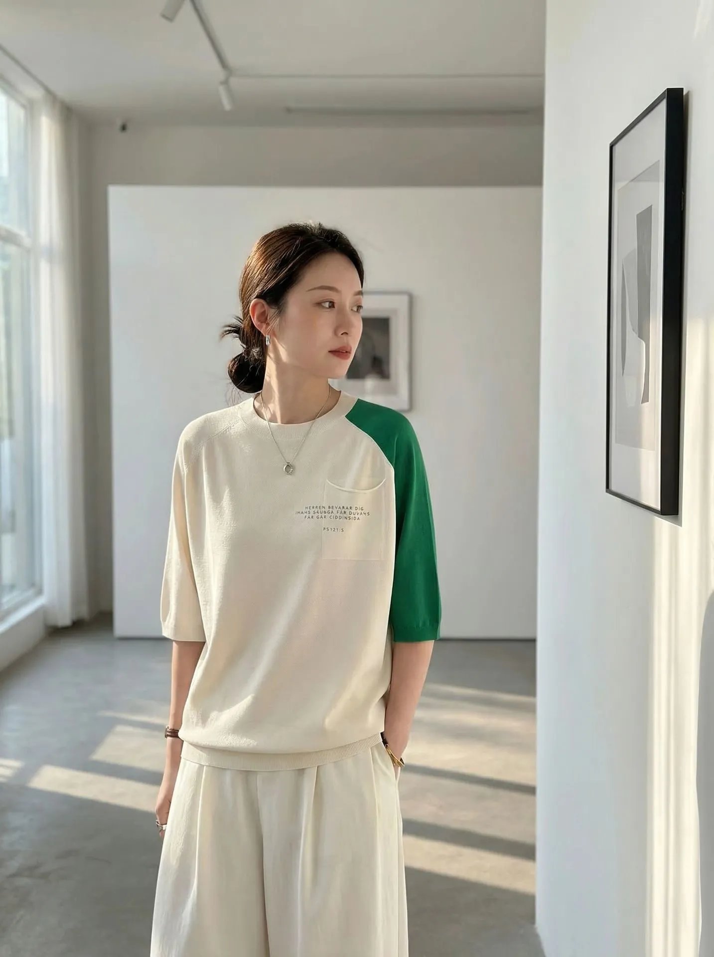 Design Color-Block Pocket Knit Top Gray and Blue Pants Set Casual Set - 5