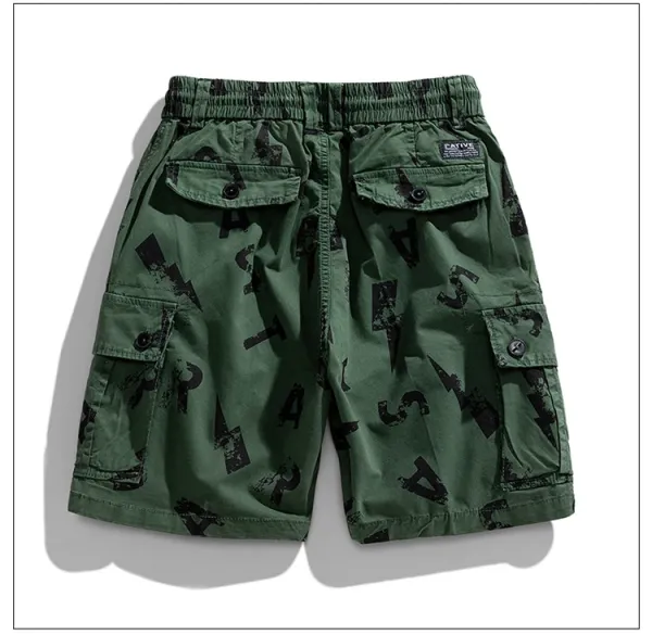 Design Cargo Shorts with Abstract Black Print Beige Shorts - 15