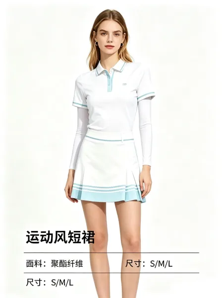Design White Tennis Polo and Pleated Skirt Set with Gold Trim - 5