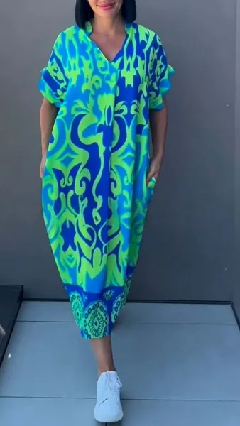 Design Printed V-Neck Midi Dress Blue Pink Multicolor - 6