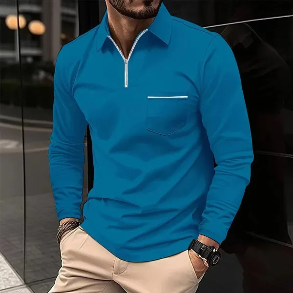 Design Half-Zip Collared Long Sleeve Shirt Blue Tops Shirt - 1