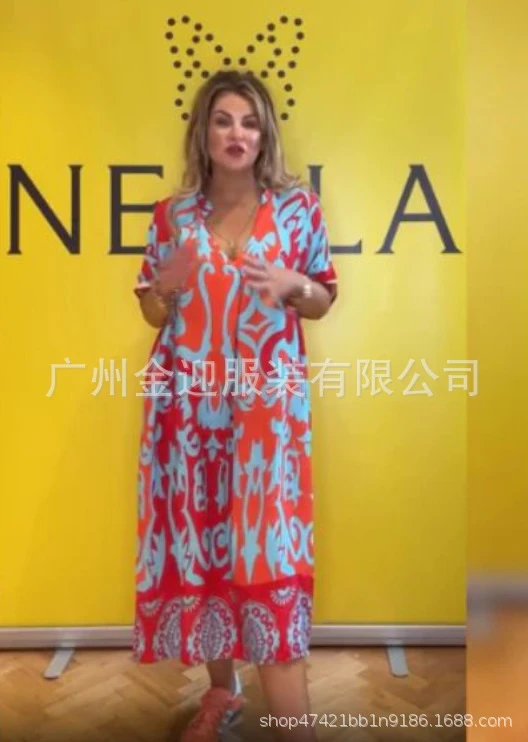 Design Printed V-Neck Midi Dress Blue Pink Multicolor - 17