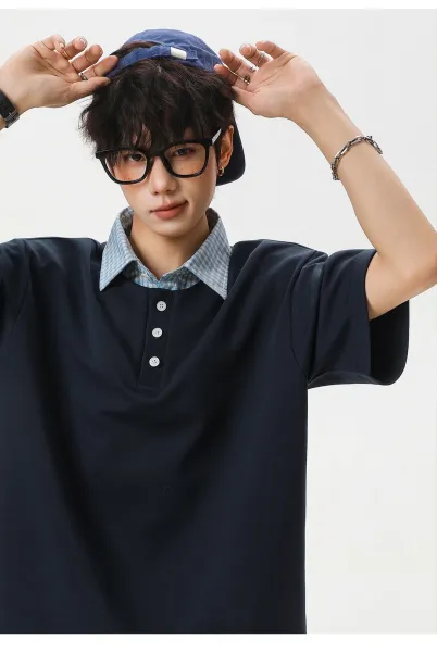 Design Layered Collar Polo Navy Blue Tops Polo - 17
