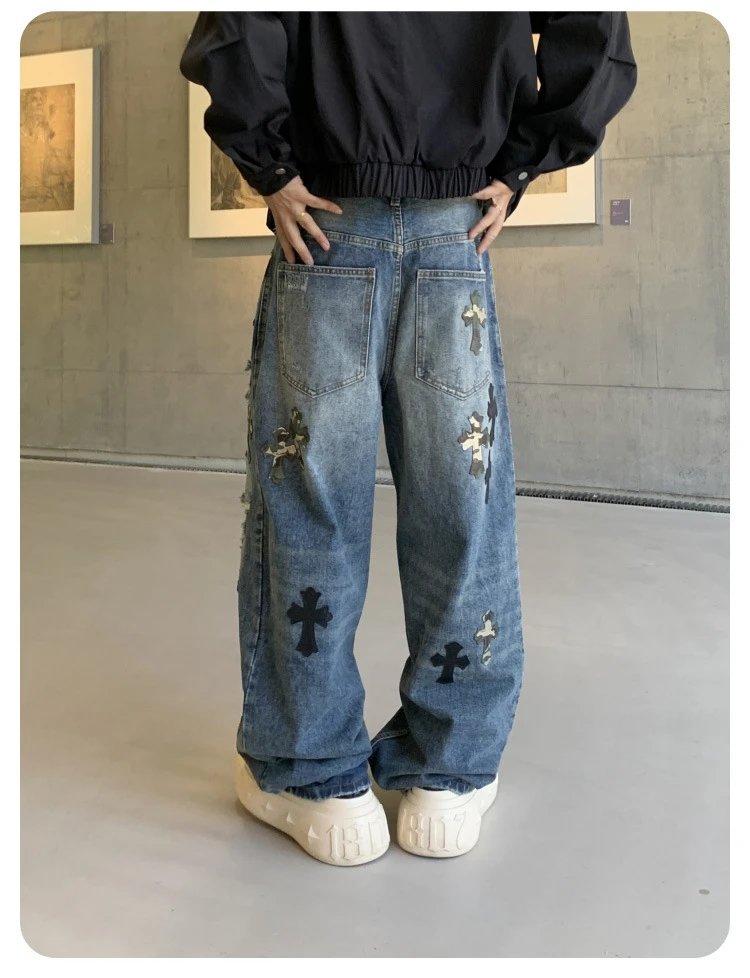 Design Distressed Rhinestone-Embellished Wide-Leg Jeans Gray - 24