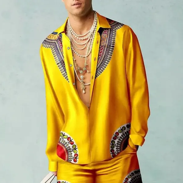 Design African Print Silk Shirt and Pants Set Yellow Multicolor - 1