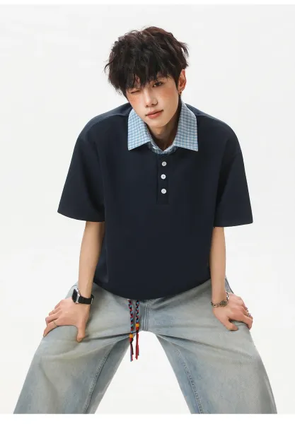 Design Layered Collar Polo Navy Blue Tops Polo - 20