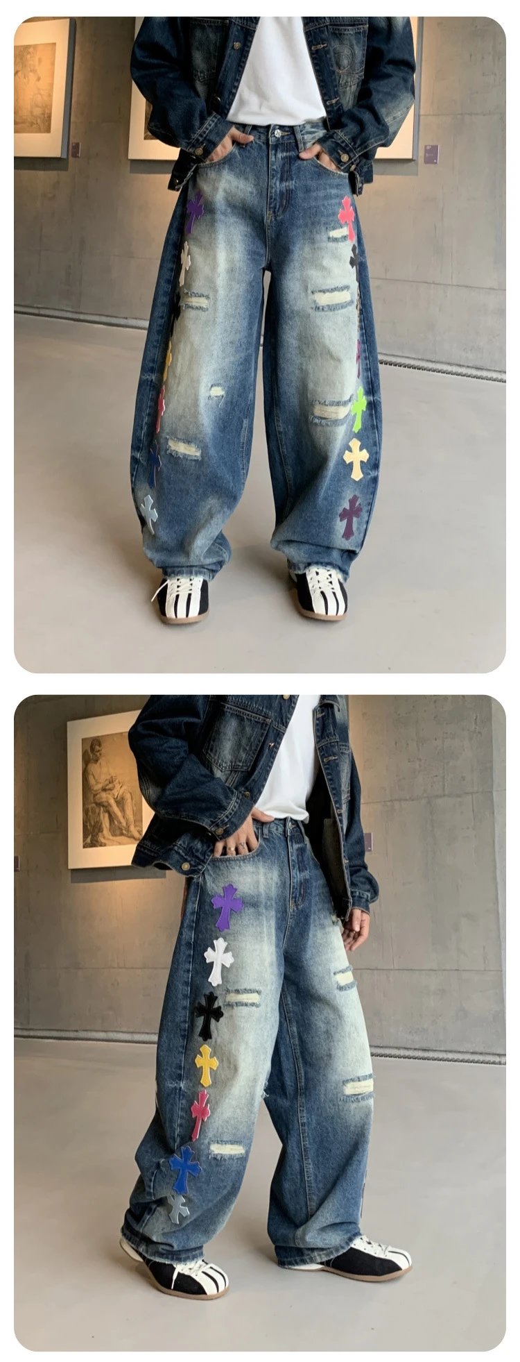 Design Distressed Rhinestone-Embellished Wide-Leg Jeans Gray - 30