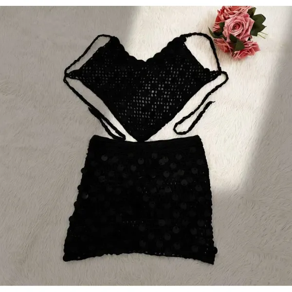 Design Crochet Mesh Top and Sequin Mini Skirt Set Black - 1