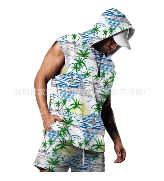 Design Tropical Print Sleeveless Hoodie Set Multicolor - 1