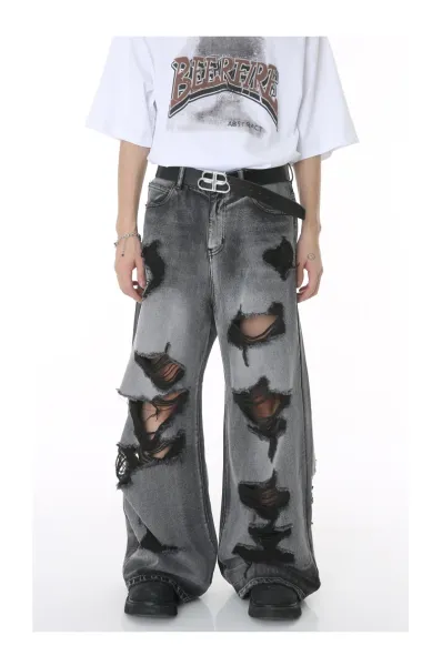 Design Distressed Wide-Leg Gray Jeans - 9