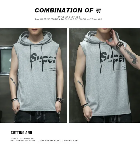 Design Sleeveless Hoodie Gray Graphic Print Vest-Top - 11