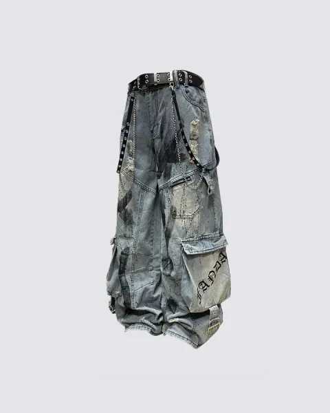 Design Cargo Pants Distressed Gray Denim - 5