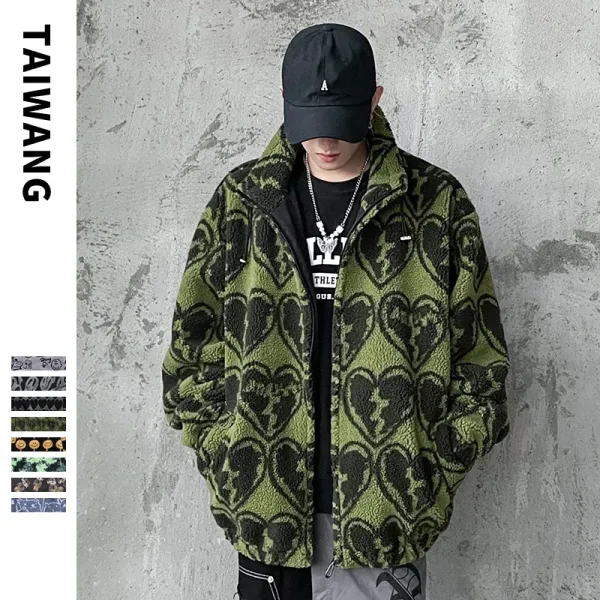 Design TAIWANG Heart Pattern Fleece Jacket Olive Green Outerwear - 1