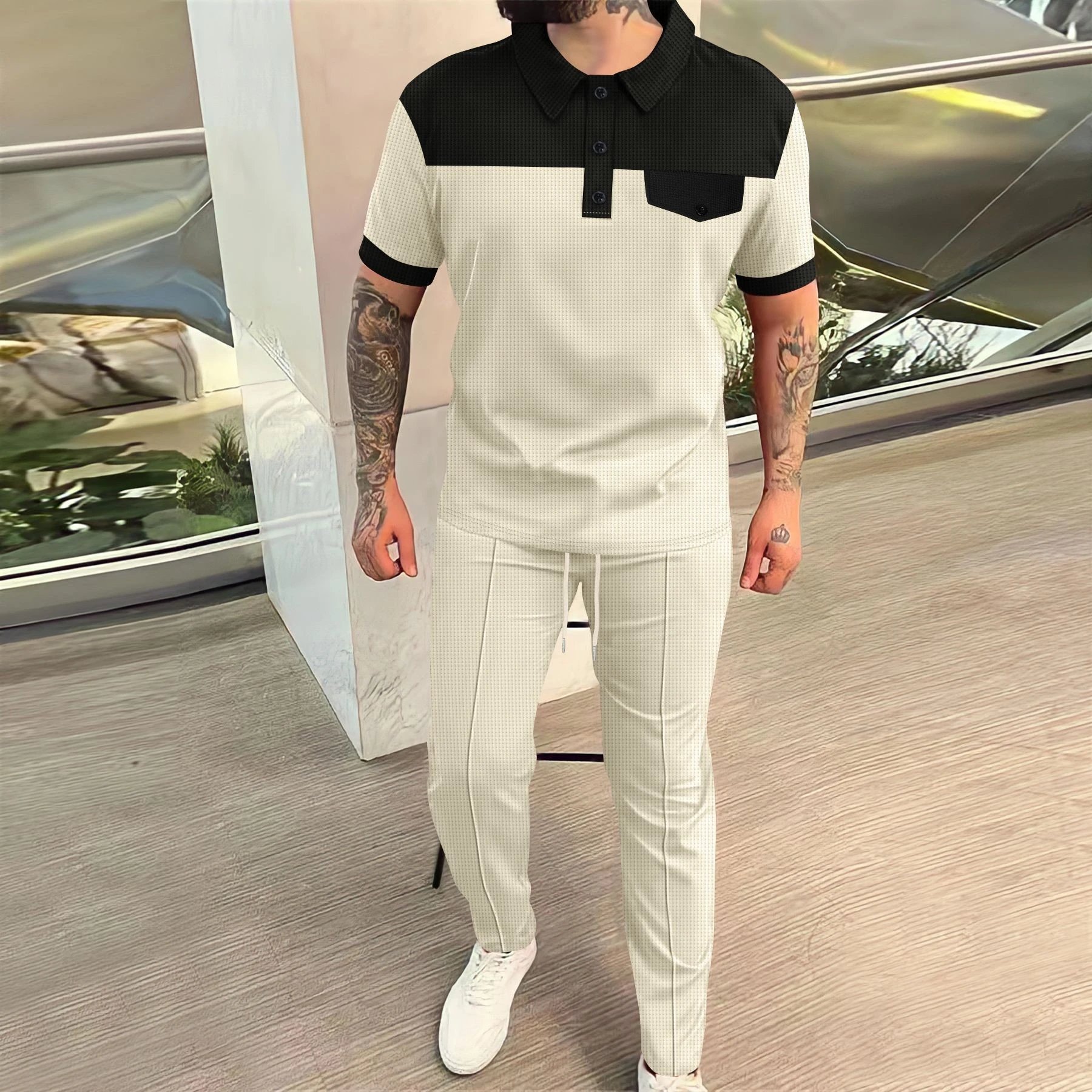 Design Two-Tone Textured Polo and Matching Pants Set Gray / Black - 6
