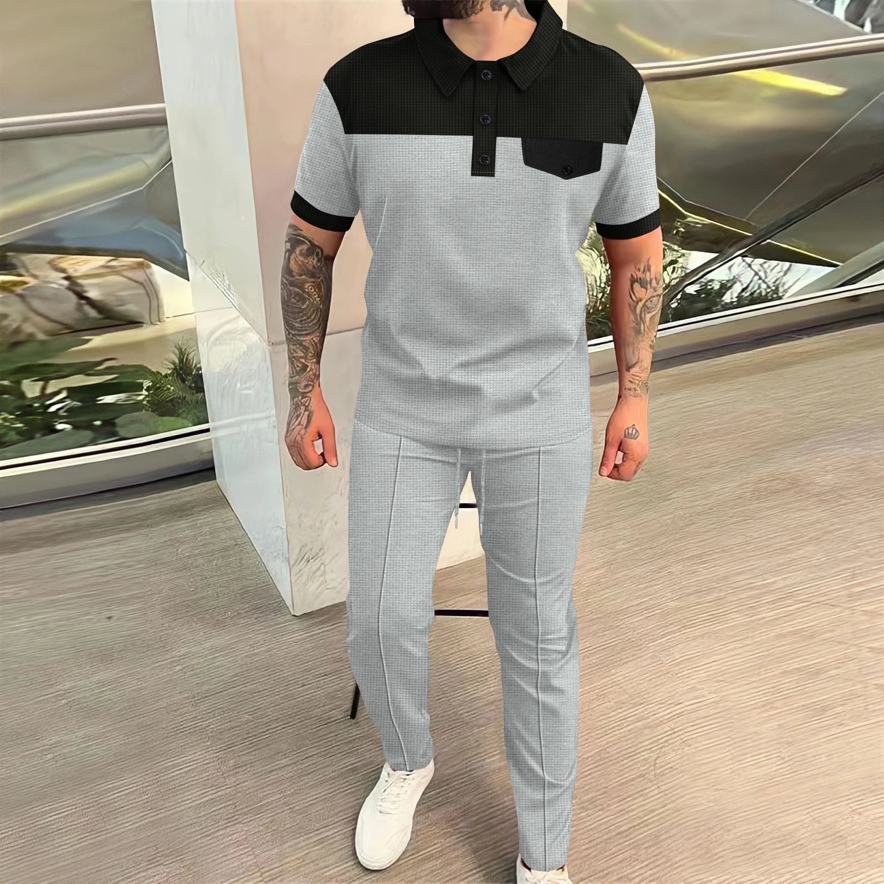 Design Two-Tone Textured Polo and Matching Pants Set Gray / Black - 9