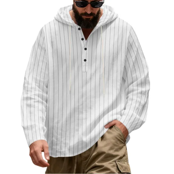 Design Striped Hooded Henley Shirt Gray Hoodie - 8