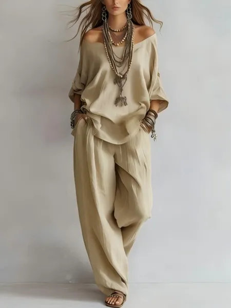 Design Off-Shoulder Flowy Top and Wide-Leg Pants Set Pale Yellow - 9