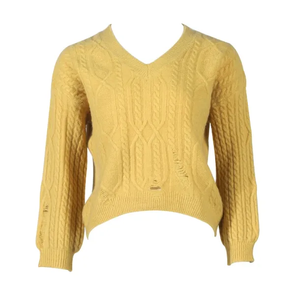 Design Cable Knit V-Neck Cropped Sweater Yellow - 1