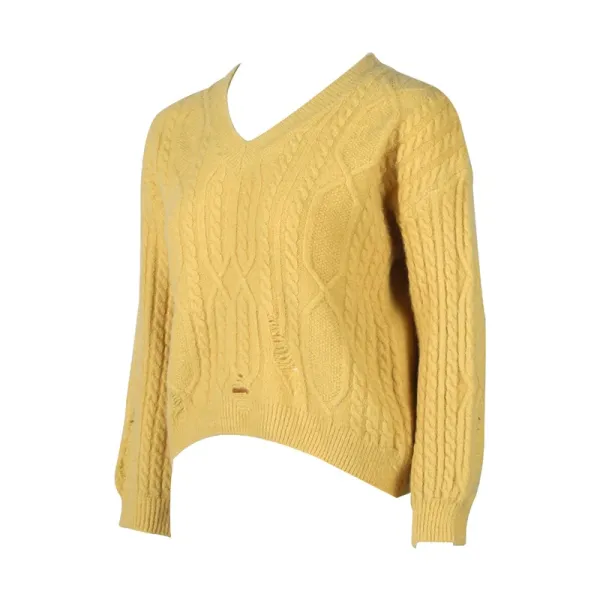 Design Cable Knit V-Neck Cropped Sweater Yellow - 7