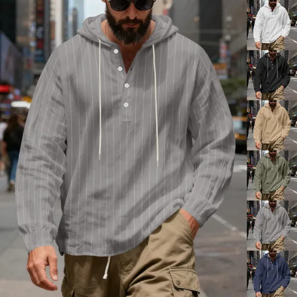 Design Striped Hooded Henley Shirt Gray Hoodie - 34
