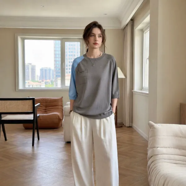Design Color-Block Pocket Knit Top Gray and Blue Pants Set Casual Set - 1