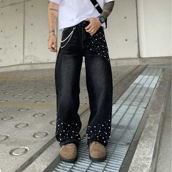 Design Pearl-Embellished Wide-Leg Black Jeans - 1