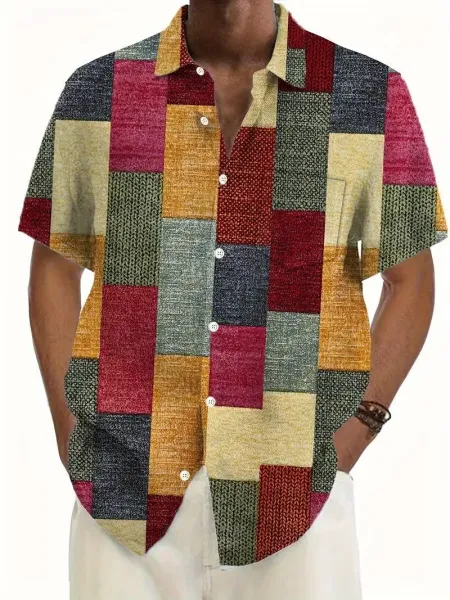 Design Patchwork Print Short-Sleeve Button-Up Shirt Multicolor - 1
