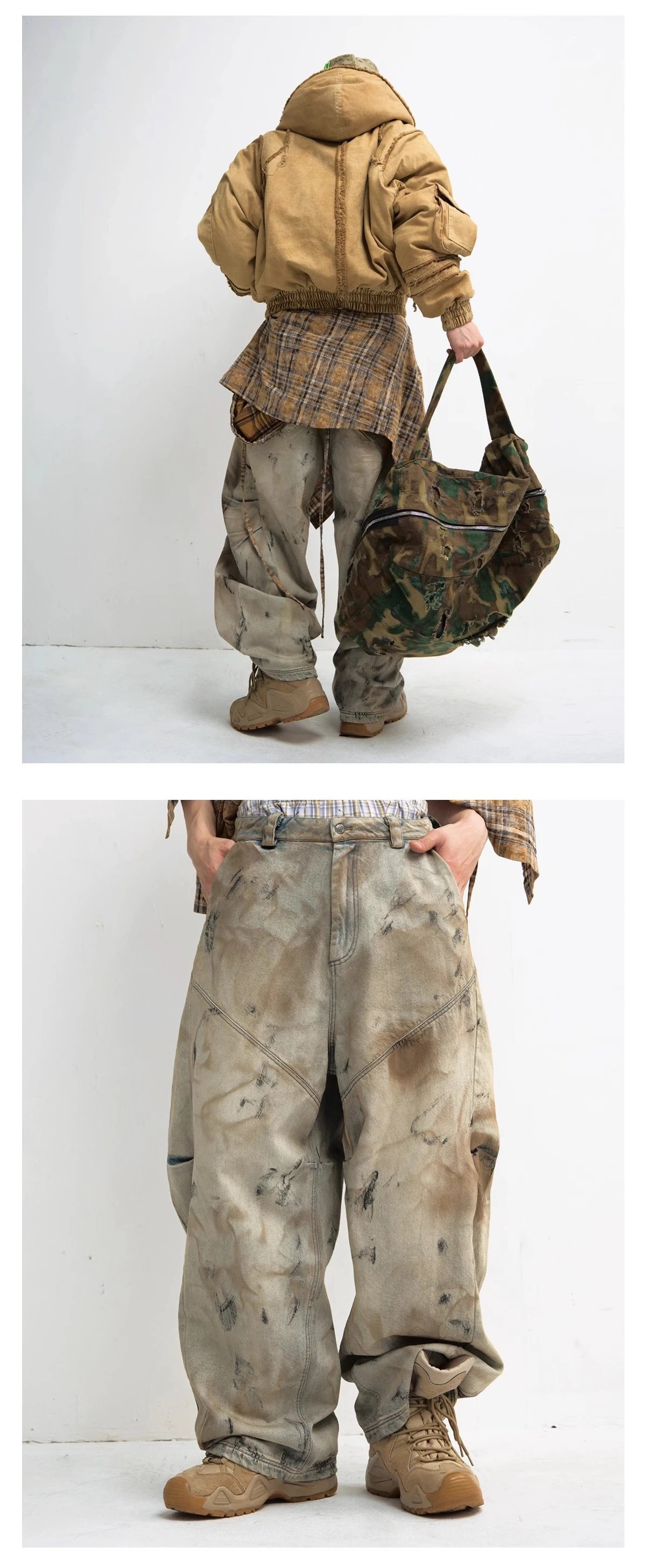 Design Distressed Oversized Cargo Pants Beige Multicolor Pants - 8
