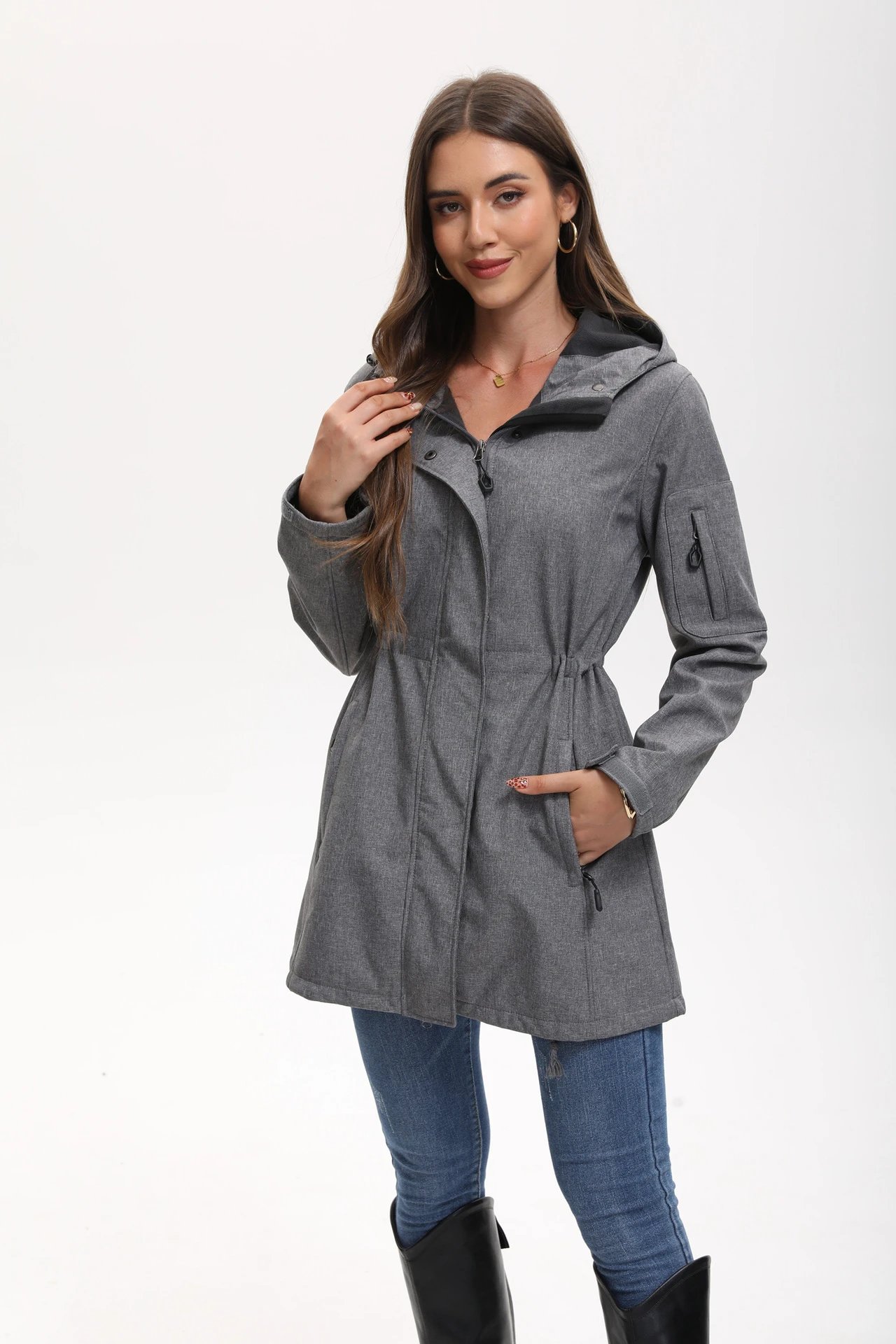 Design Water-Resistant Hooded Trench Coat in Black Outerwear - 6