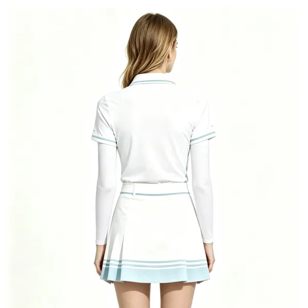 Design White Tennis Polo and Pleated Skirt Set with Gold Trim - 11