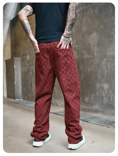 Design Jacquard Pattern Beige Pants with Textured Floral Motif - 23