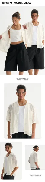 Design Crochet Knit Short-Sleeve Shirt in Cream - 6