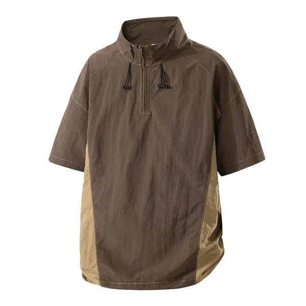 Design Short-Sleeve Half-Zip Windbreaker in Brown and Beige Outerwear.windbreaker - 1