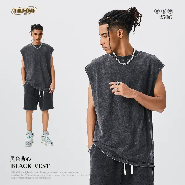 Design TILANI Black Acid Wash Sleeveless Vest Vest Top - 1
