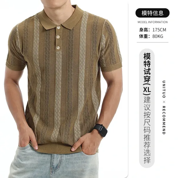 Design UNITUO x RECOMMEND Striped Knit Polo Shirt Beige Tops Polo - 1