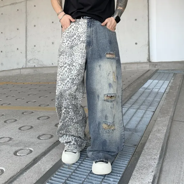 Design Asymmetrical Leopard Print + Distressed Wide-Leg Jeans - 1