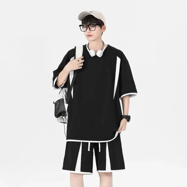Design Oversized Panelled Black and White T-Shirt and Shorts Set - 1