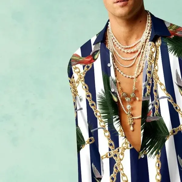 Versace Printed Shirt with Tropical Motif and Gold Chain Detailing Navy and White - 1