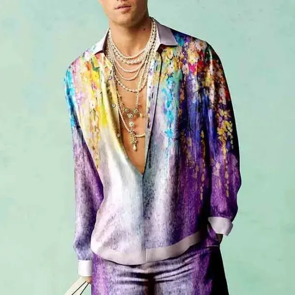 Design Floral Silk Shirt and Matching Pants Set Multicolor - 1