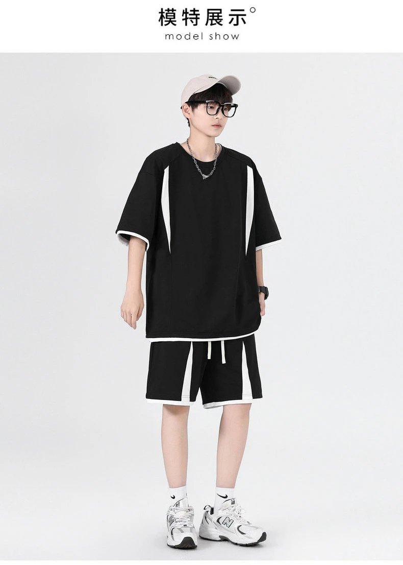 Design Oversized T-Shirt and Shorts Set Beige with Black Stripes Casual Set - 14