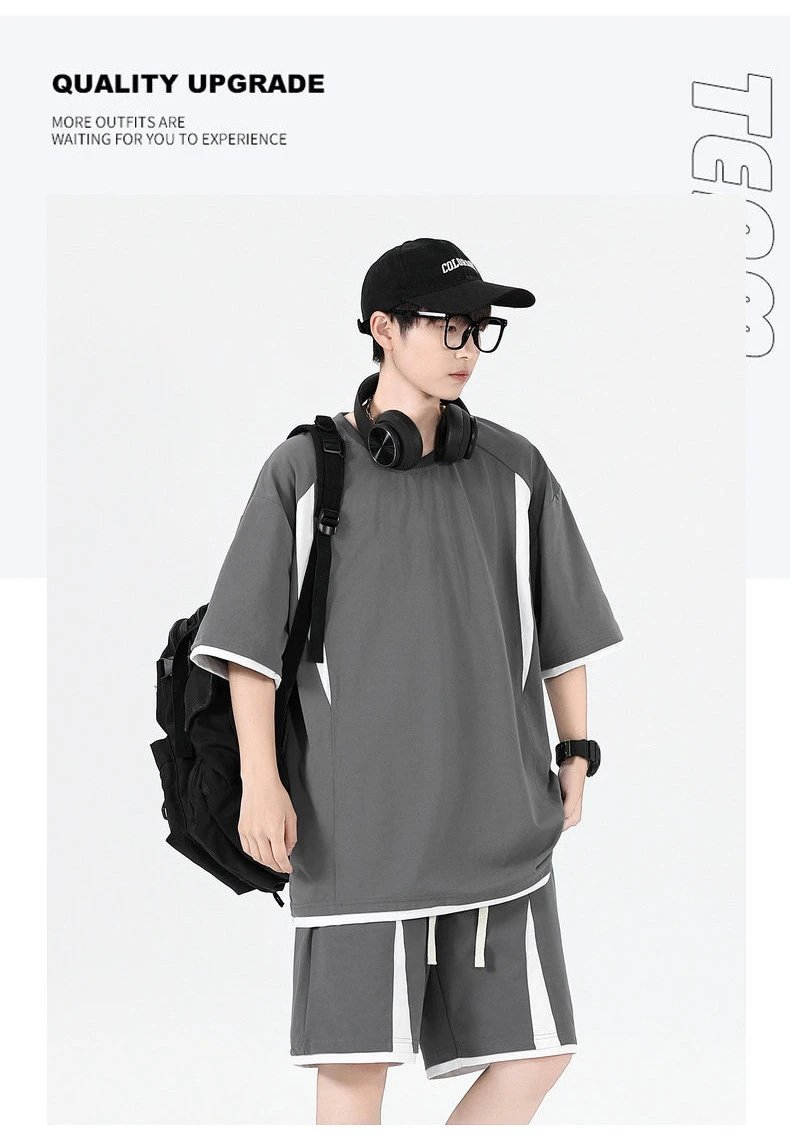 Design Oversized T-Shirt and Shorts Set Beige with Black Stripes Casual Set - 18