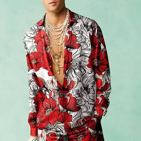 Design Floral Print Silk Shirt Red White Black Tops.shirt - 1