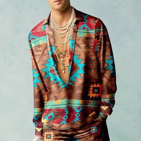 Design Aztec Print Silk Shirt Multicolor Tops Shirt - 1
