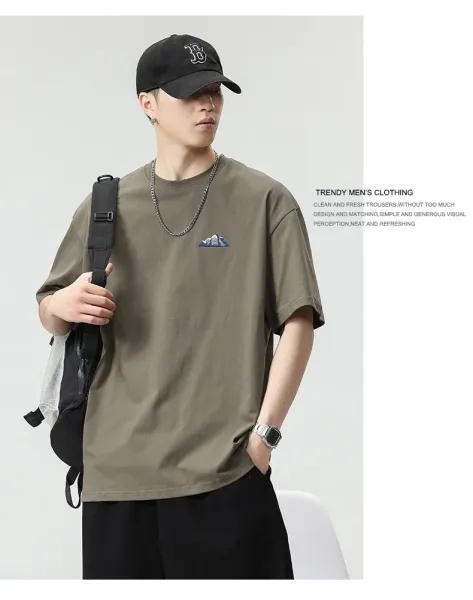 Design Mountain Embroidery Olive Green T-Shirt Tops.t Shirts - 10